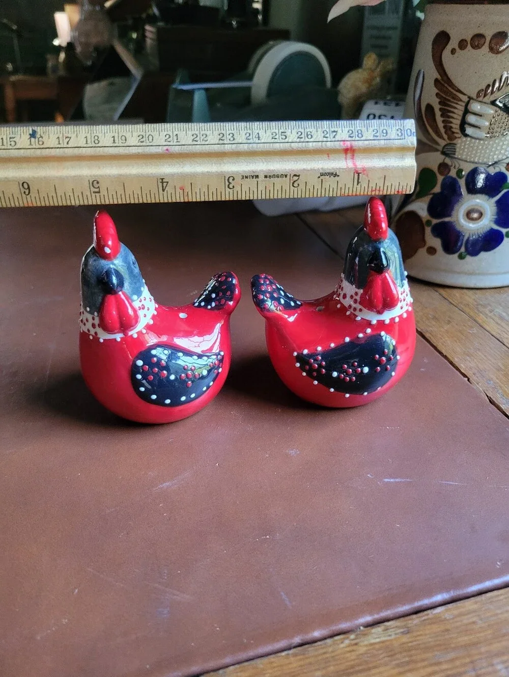 Ceramic Chicken Shaped Polka Dot Salt & Pepper Shakers Black White Red Set